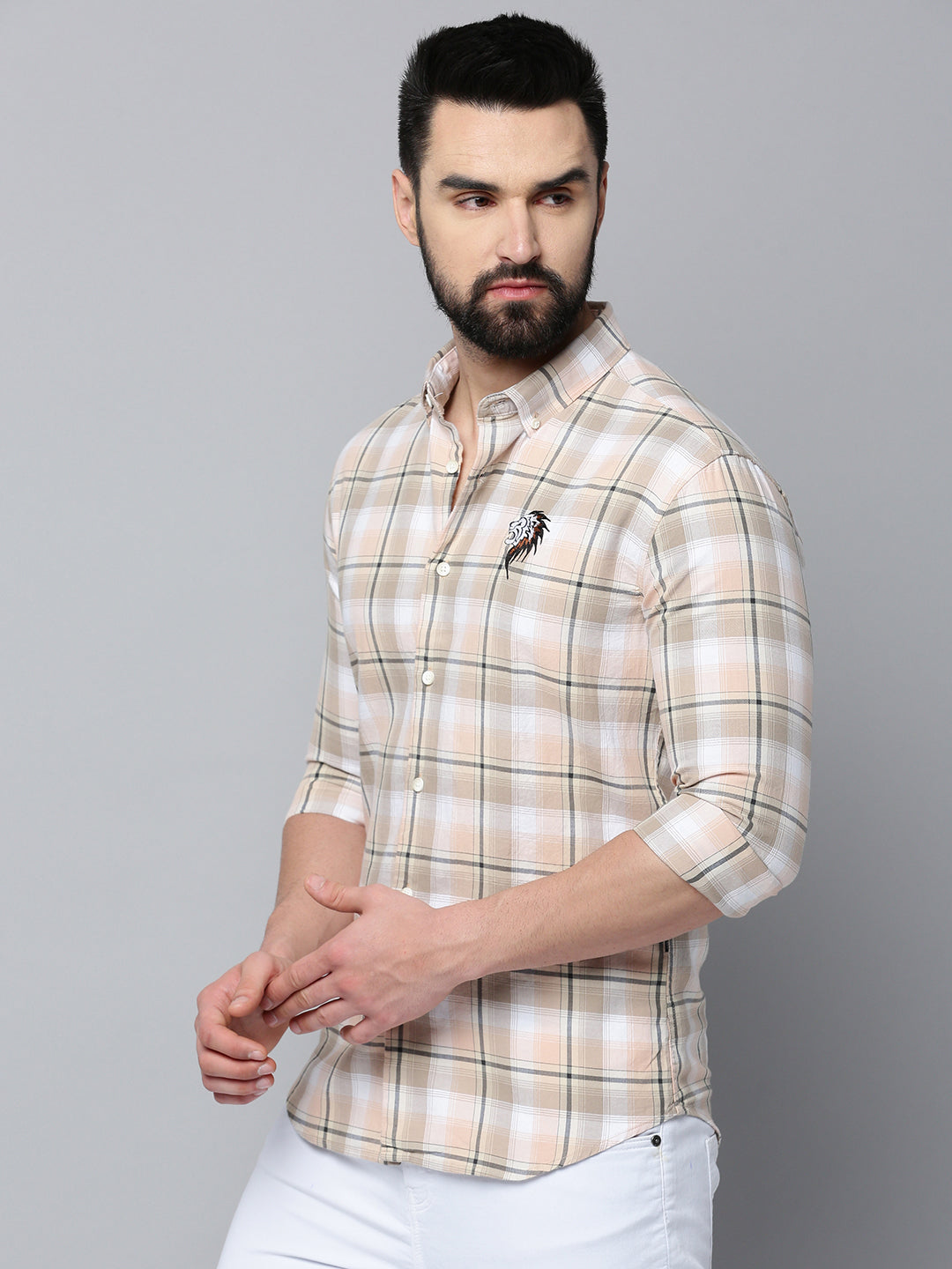 Men Beige Checked Casual Shirt