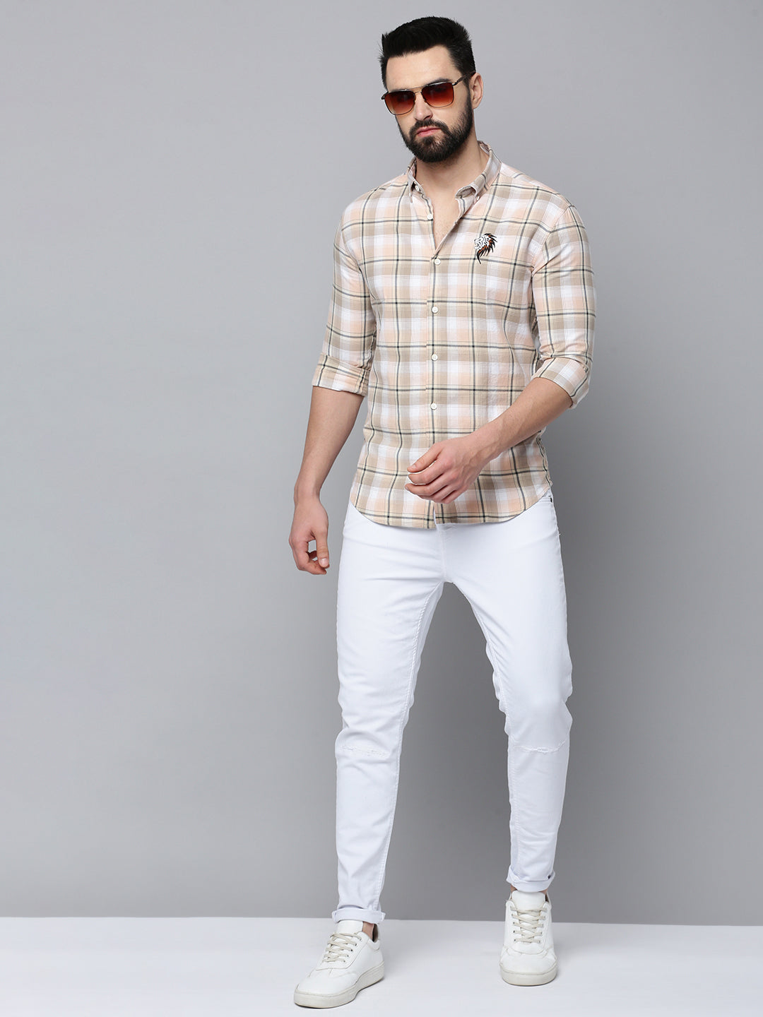 Men Beige Checked Casual Shirt