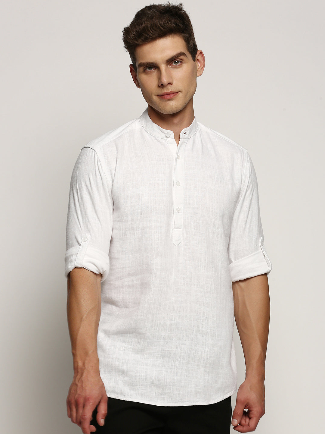 Men's White Mandarin Collar Solid Kurta