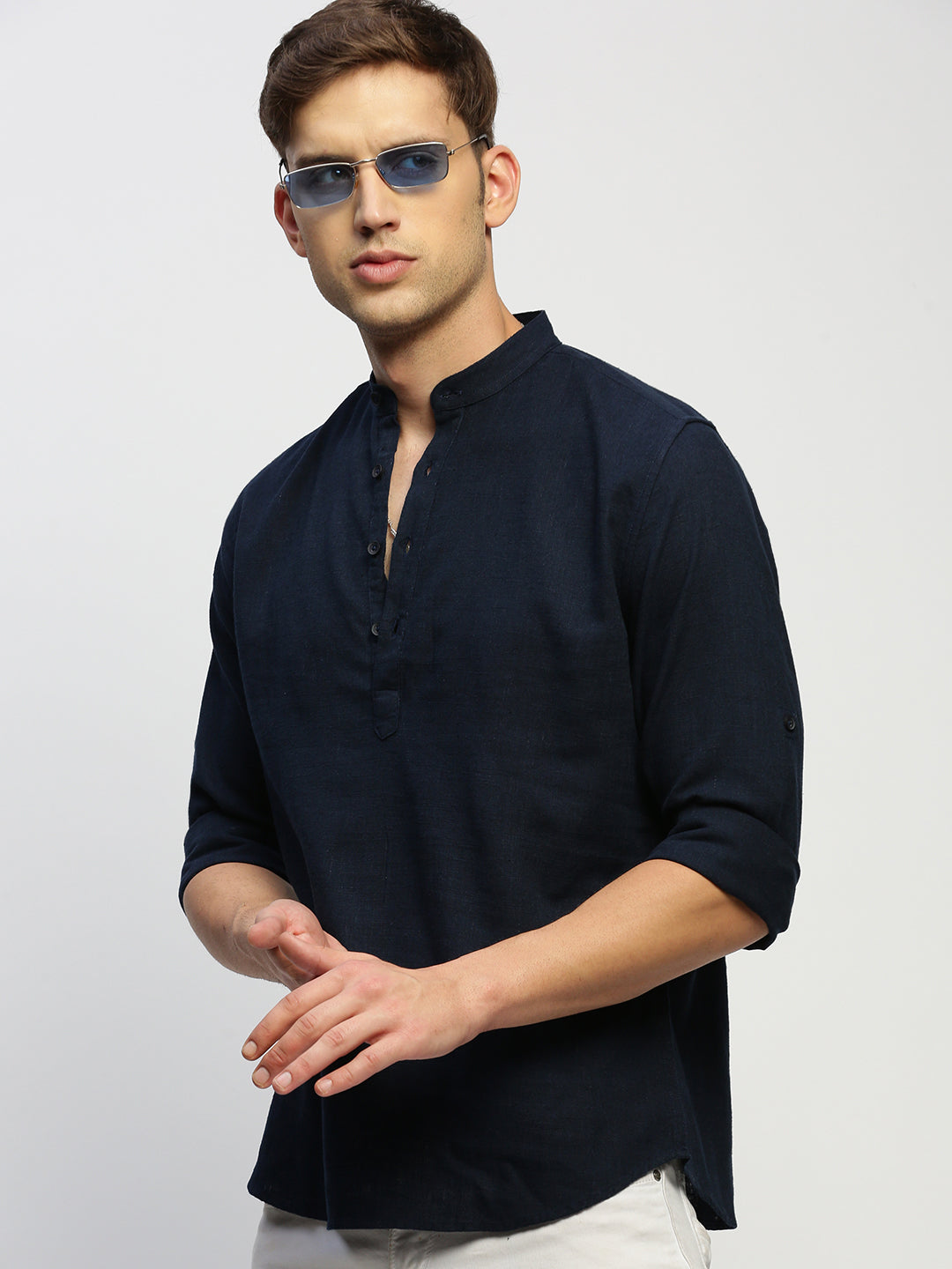 Men's Navy Blue Mandarin Collar Solid Shirt