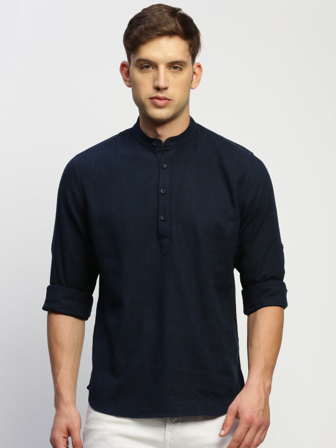 Men's Navy Blue Mandarin Collar Solid Shirt