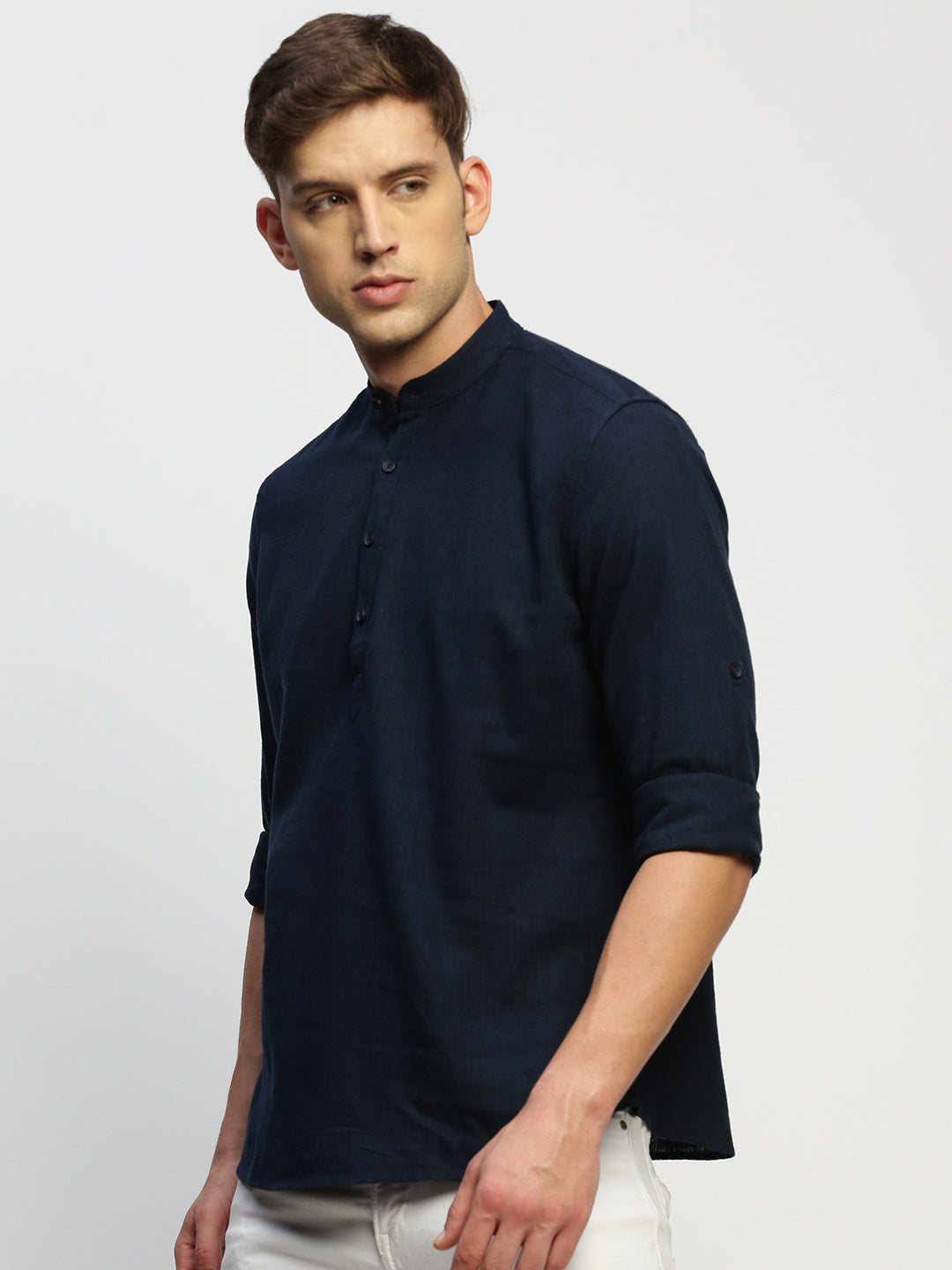 Men's Navy Blue Mandarin Collar Solid Shirt