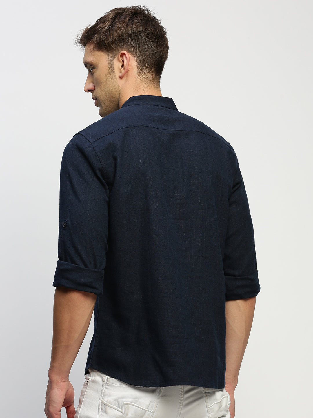 Men's Navy Blue Mandarin Collar Solid Shirt