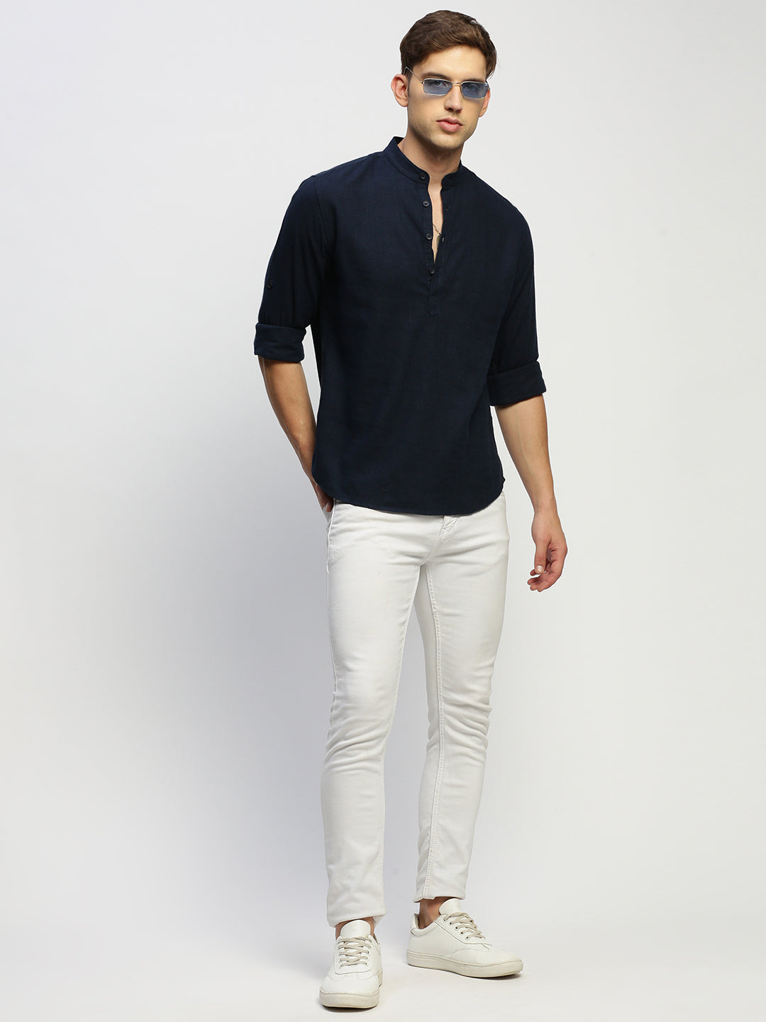 Men's Navy Blue Mandarin Collar Solid Shirt