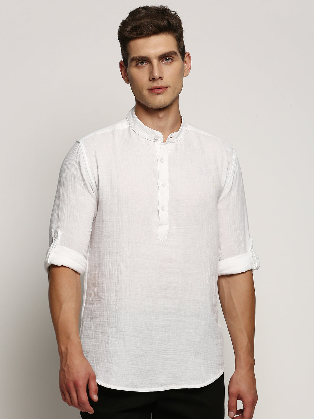 Men's White Mandarin Collar Solid Kurta