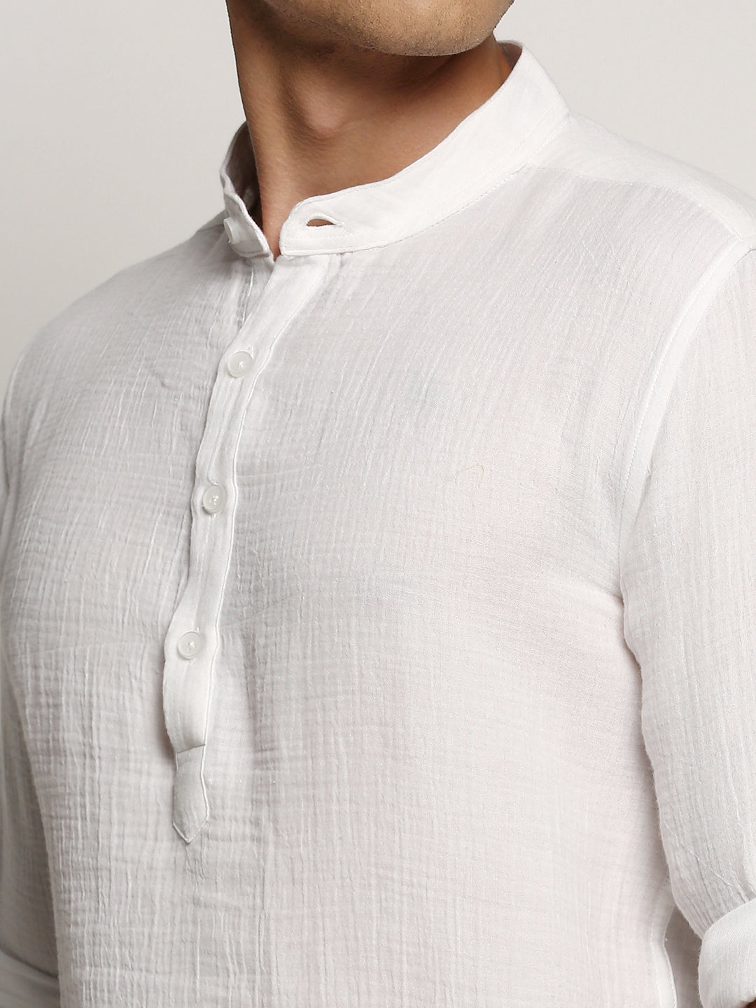 Men's White Mandarin Collar Solid Kurta