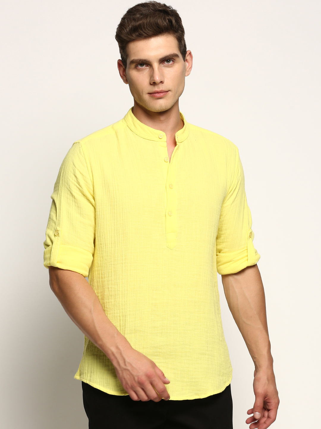 Men's Yellow Mandarin Collar Solid Kurta