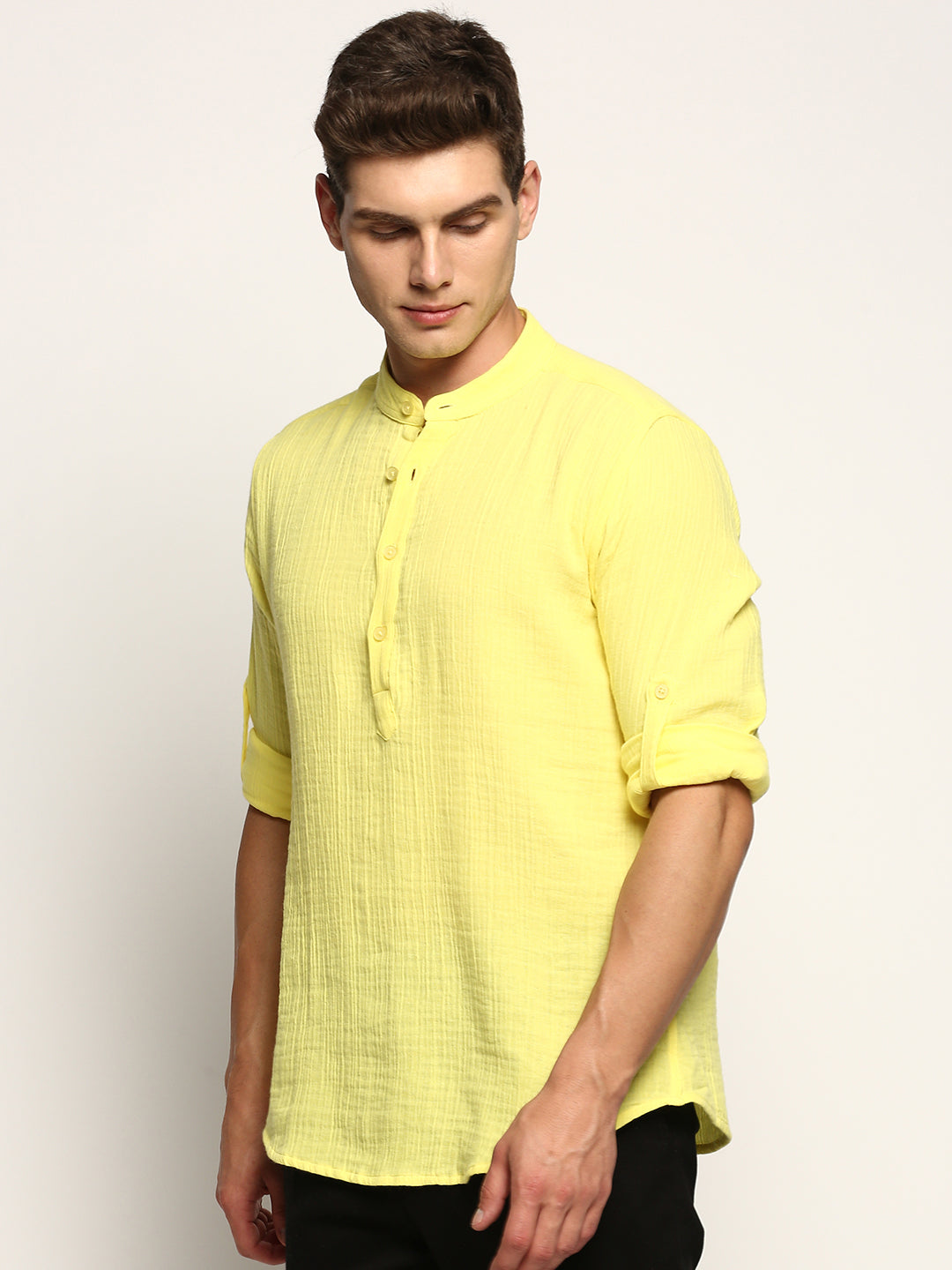 Men's Yellow Mandarin Collar Solid Kurta