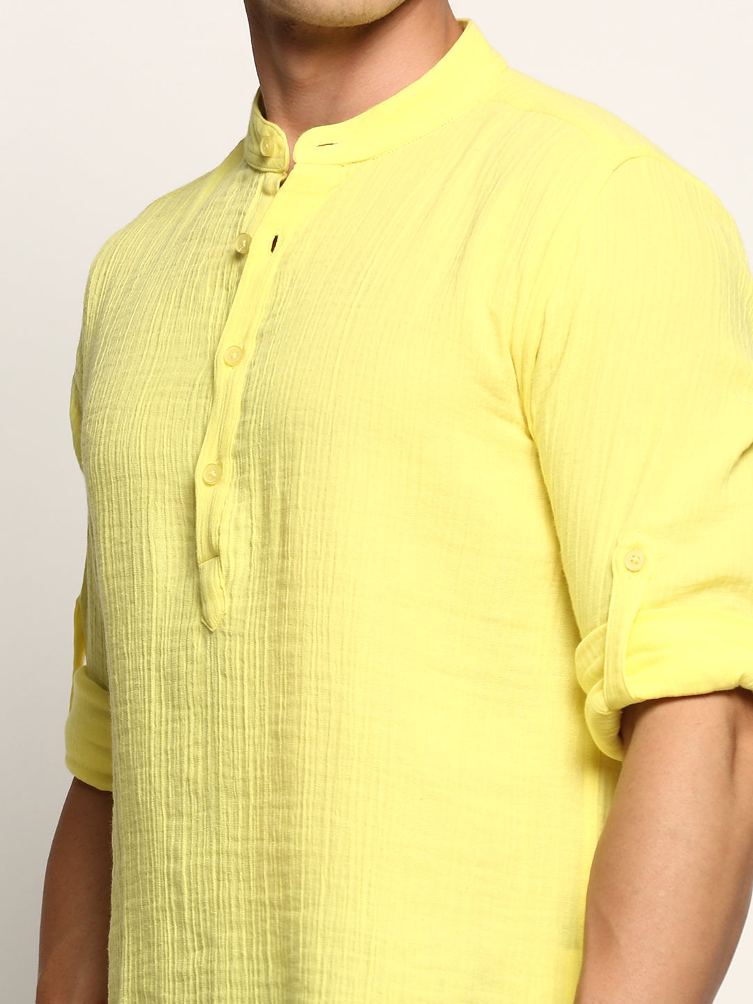 Men's Yellow Mandarin Collar Solid Kurta