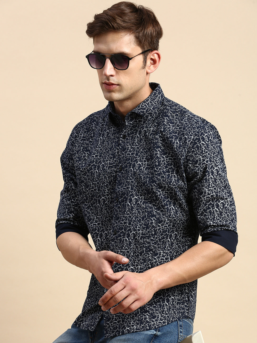 Men Navy Printed Casual Shirt