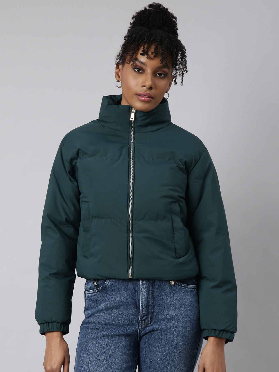 Women Solid Green Puffer Jacket