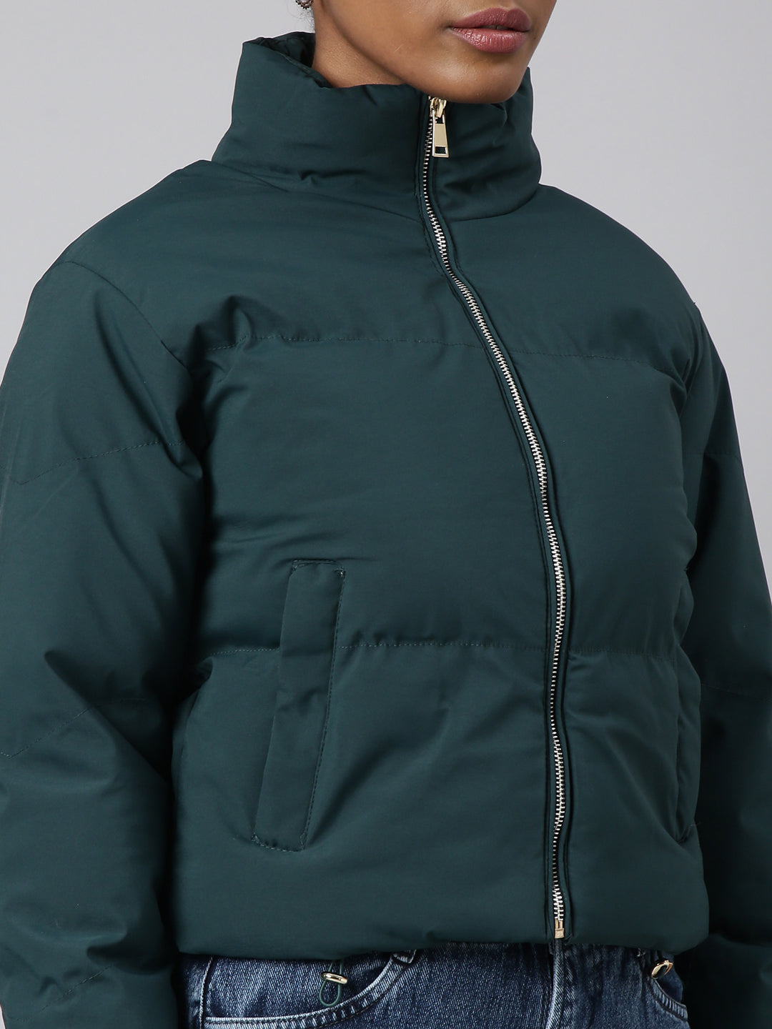 Women Solid Green Puffer Jacket