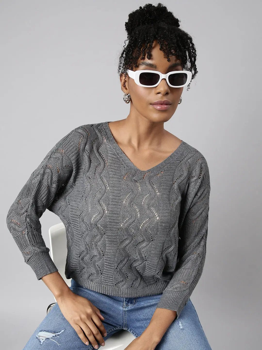 Women's Grey Self Design Crochet Top