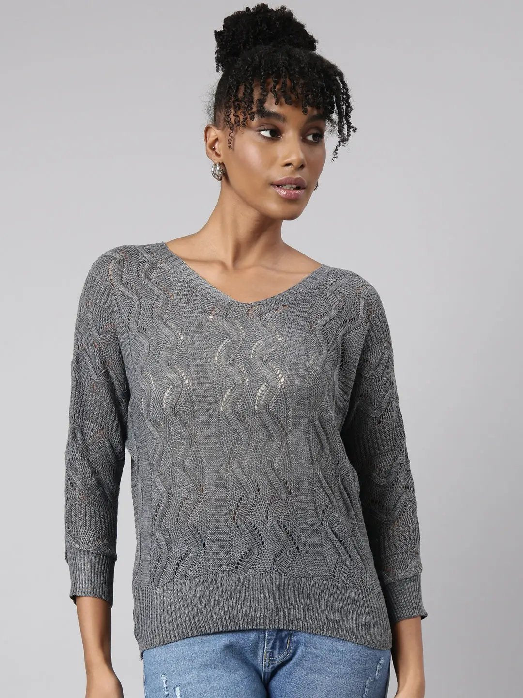 Women's Grey Self Design Crochet Top