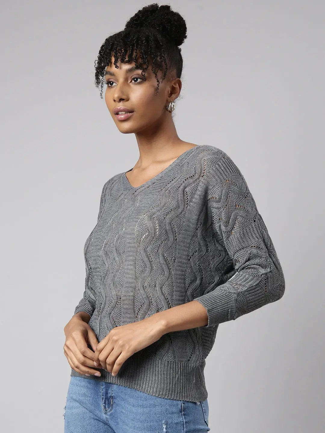 Women's Grey Self Design Crochet Top