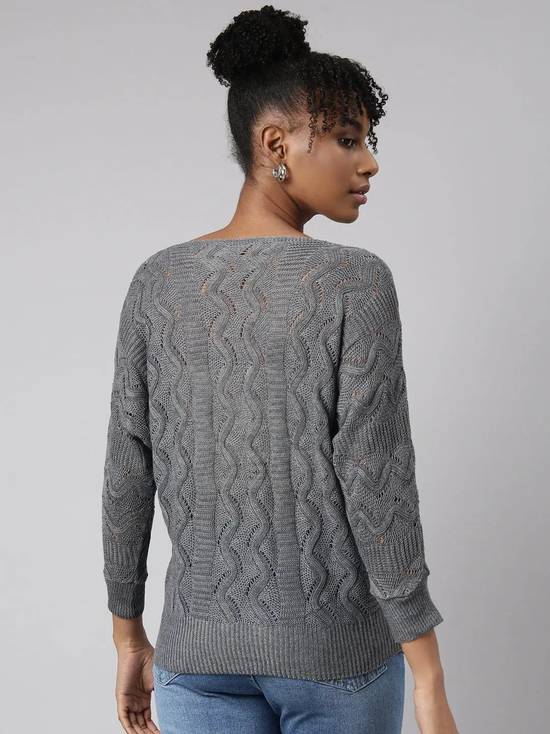 Women's Grey Self Design Crochet Top