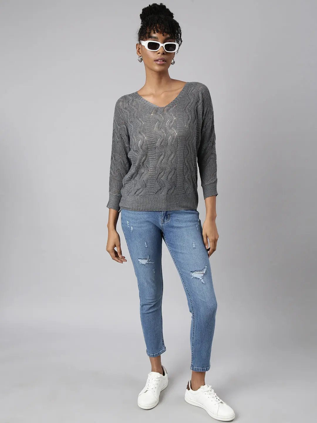 Women's Grey Self Design Crochet Top
