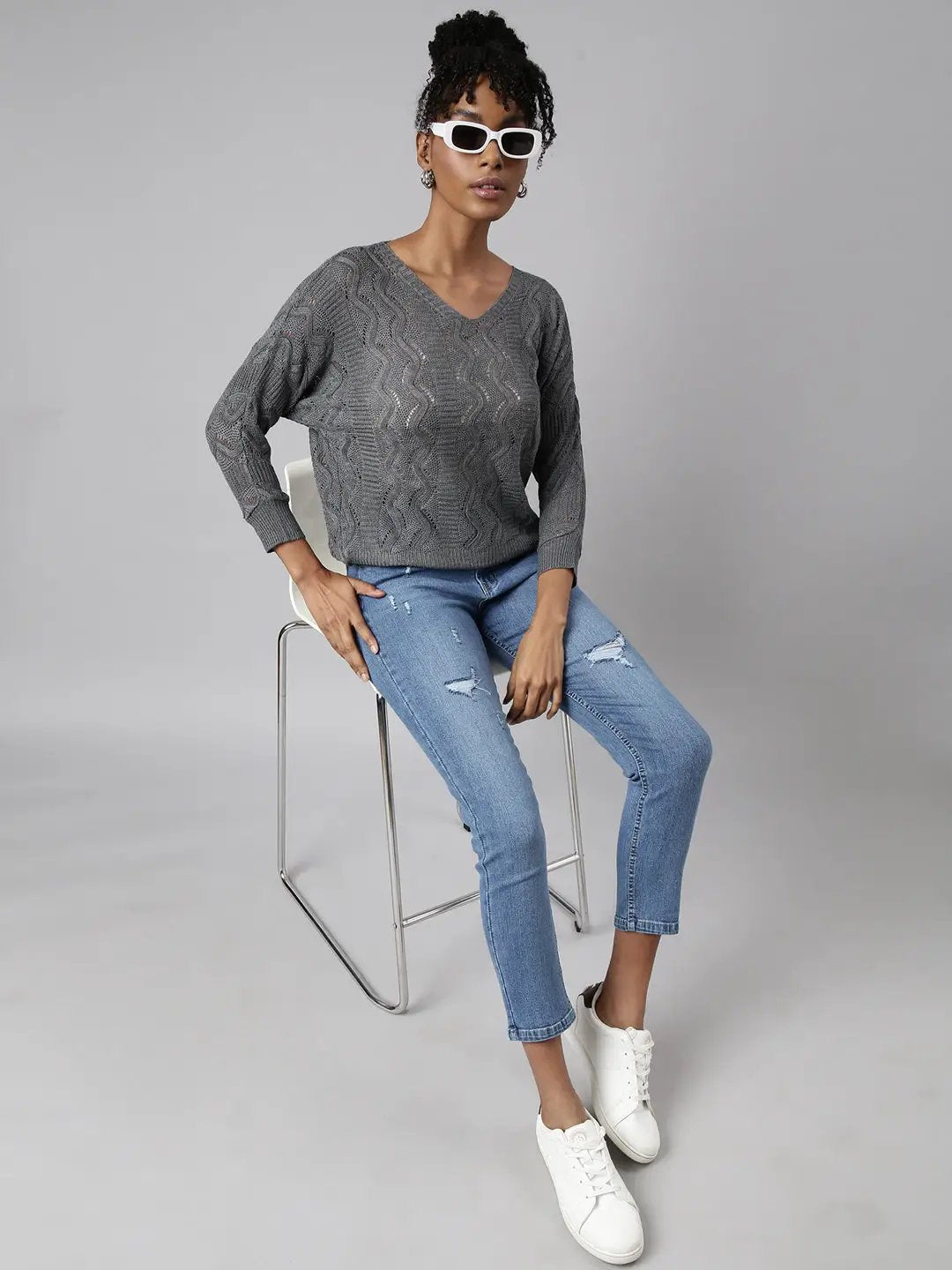Women's Grey Self Design Crochet Top