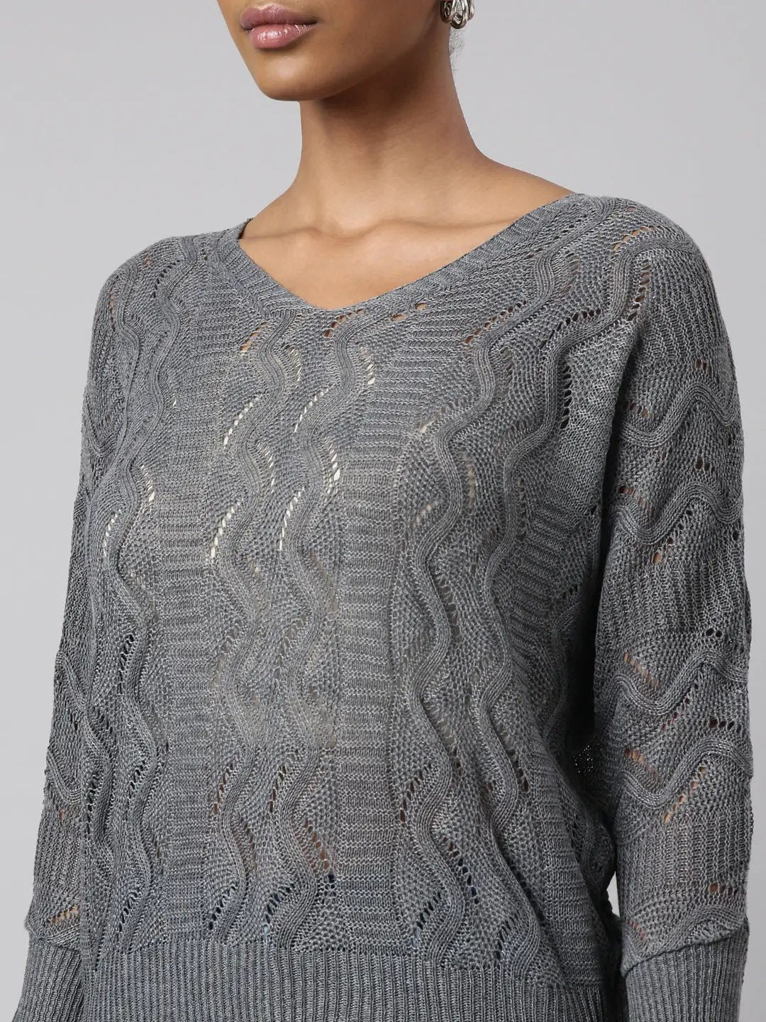 Women's Grey Self Design Crochet Top