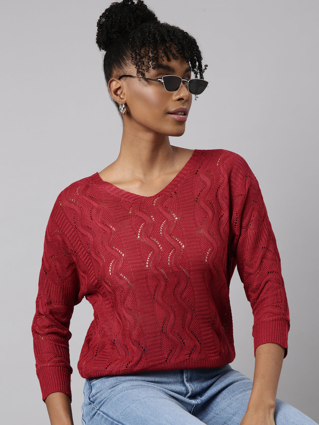 Women's Maroon Self Design Crochet Top