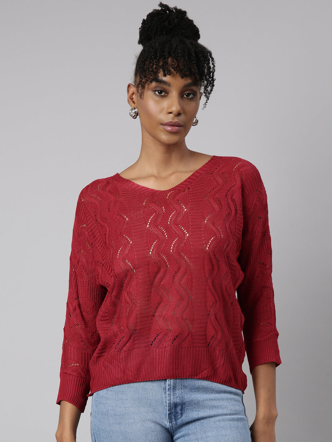 Women's Maroon Self Design Crochet Top