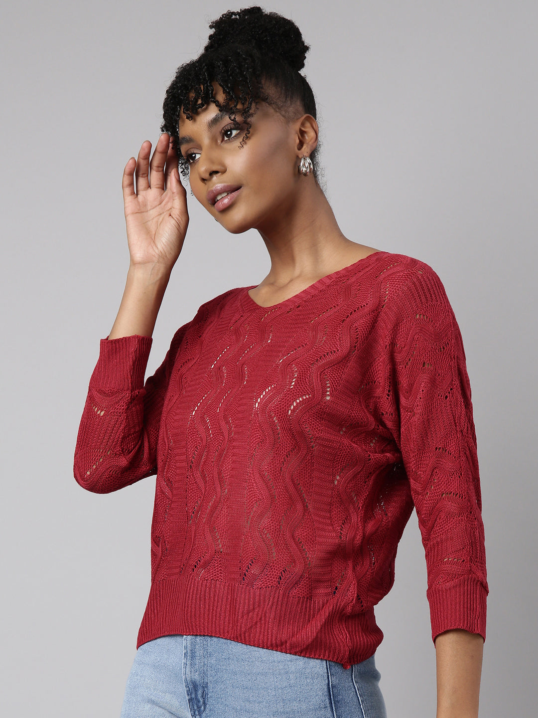 Women's Maroon Self Design Crochet Top