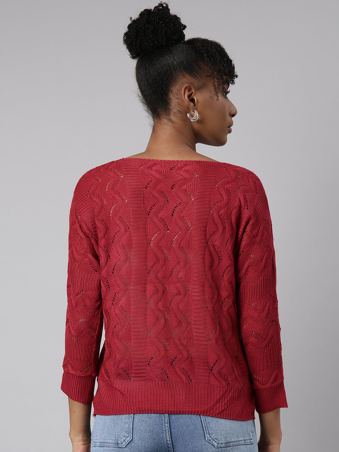Women's Maroon Self Design Crochet Top