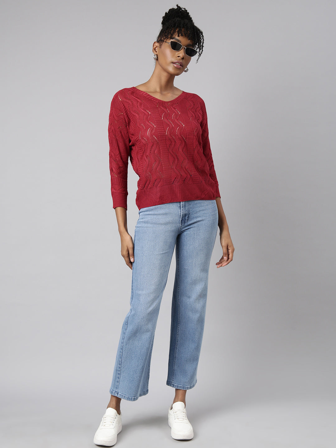 Women's Maroon Self Design Crochet Top