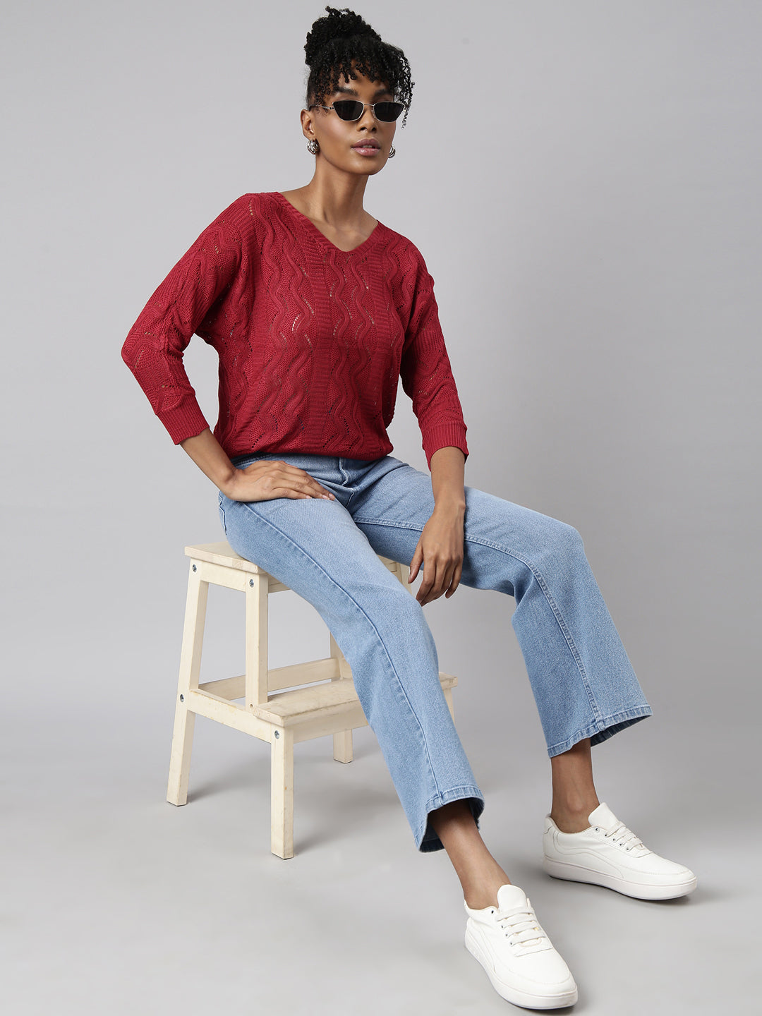 Women's Maroon Self Design Crochet Top