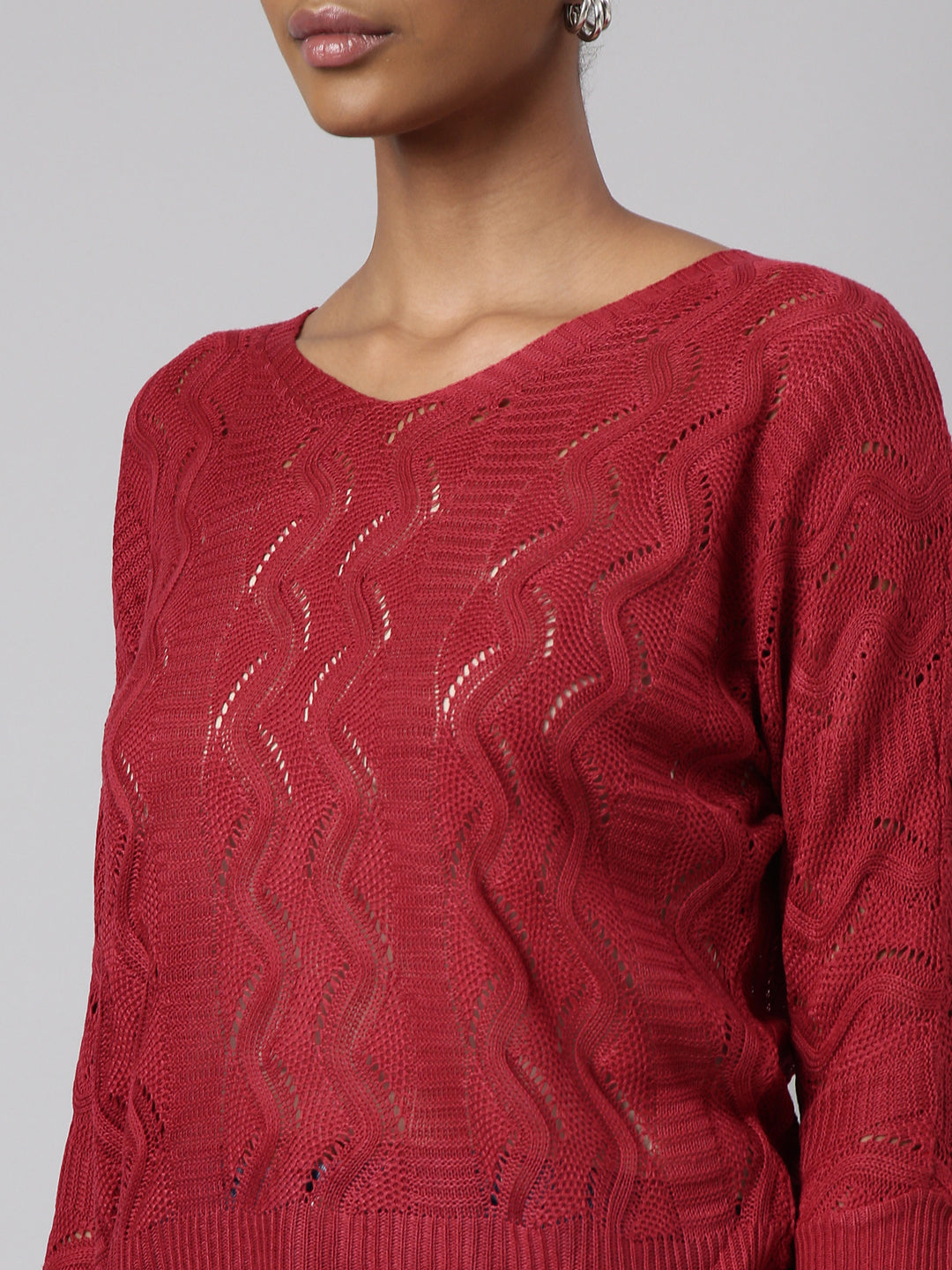 Women's Maroon Self Design Crochet Top