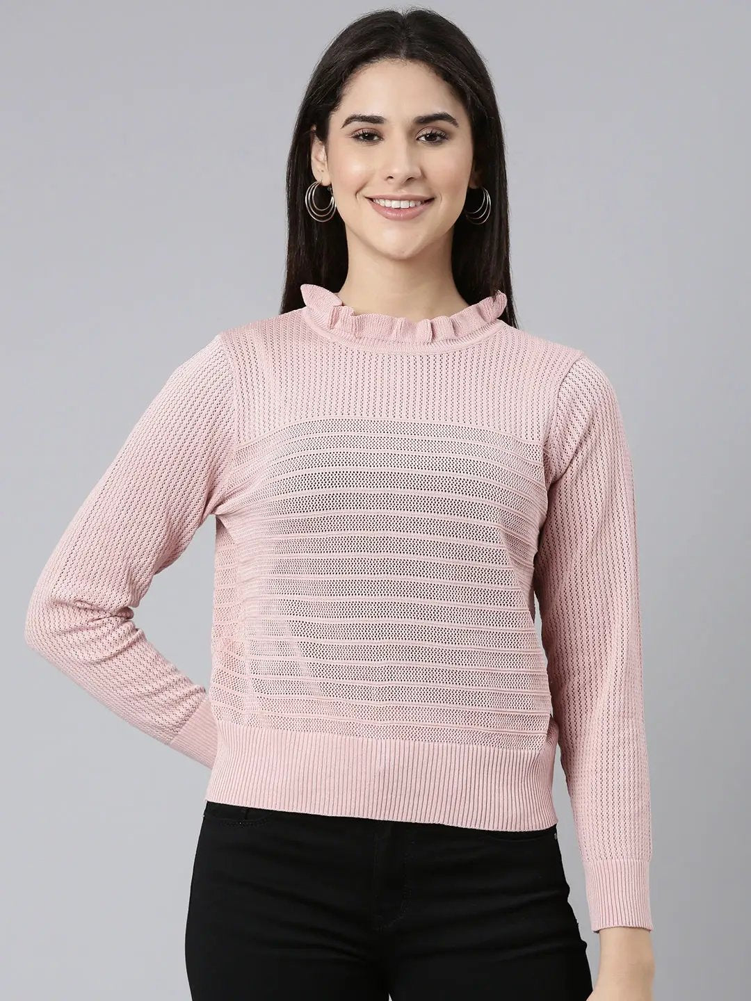 Women's High Neck Self Design Regular Pink Top