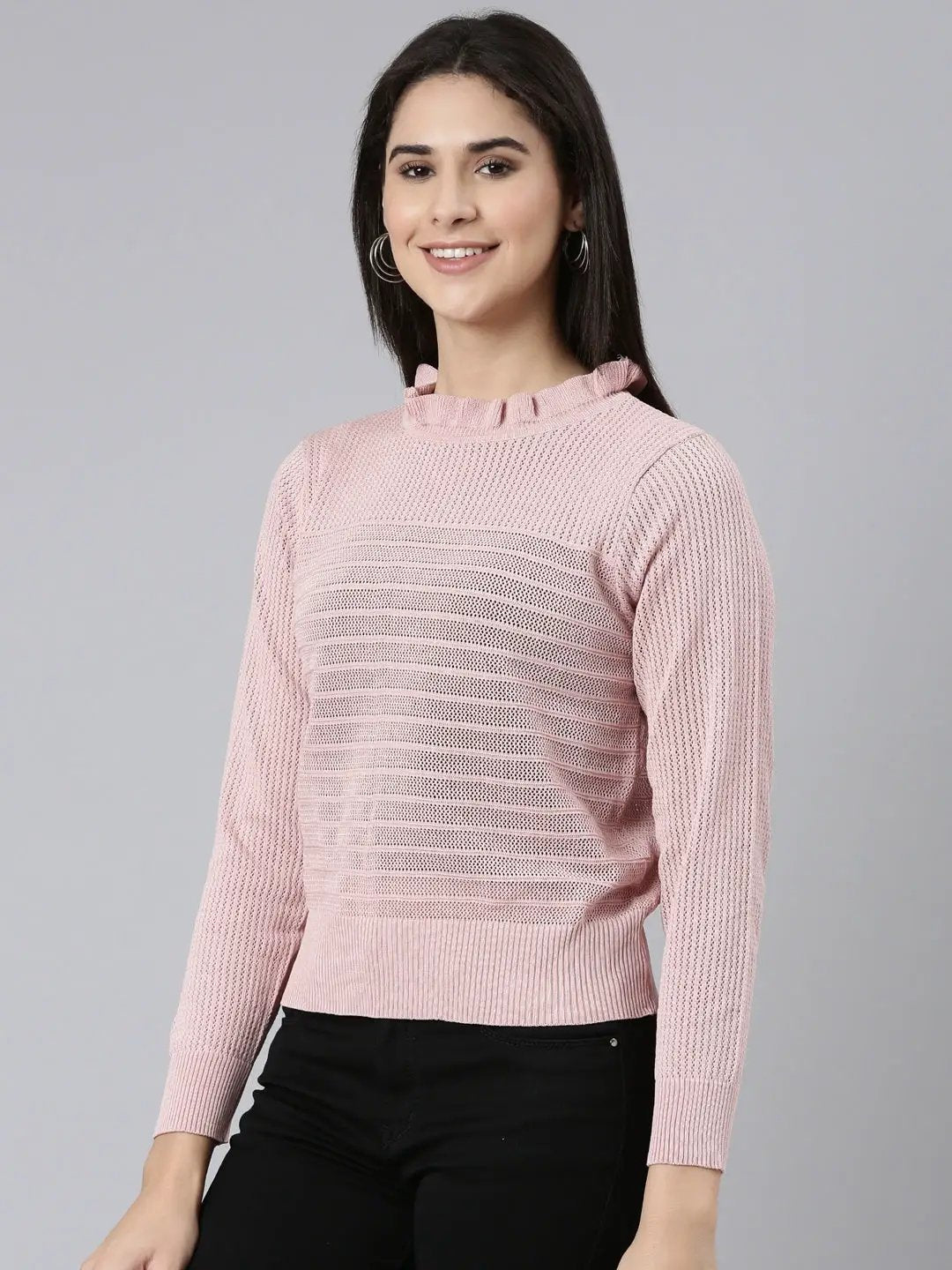 Women's High Neck Self Design Regular Pink Top