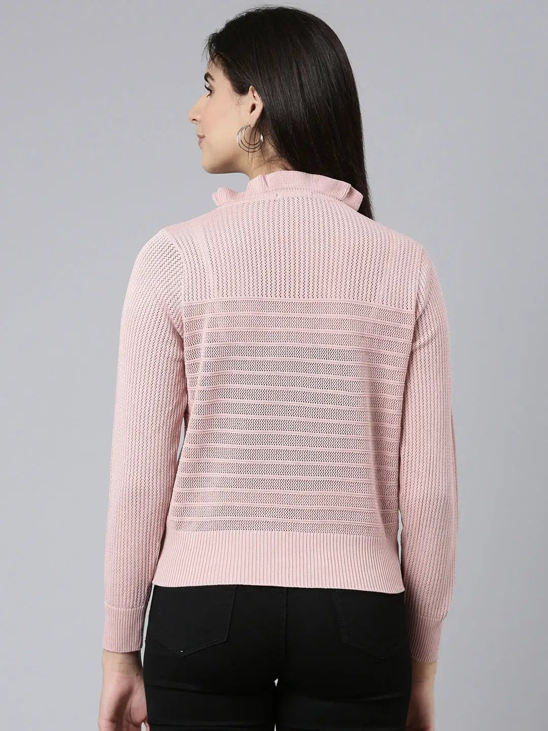 Women's High Neck Self Design Regular Pink Top