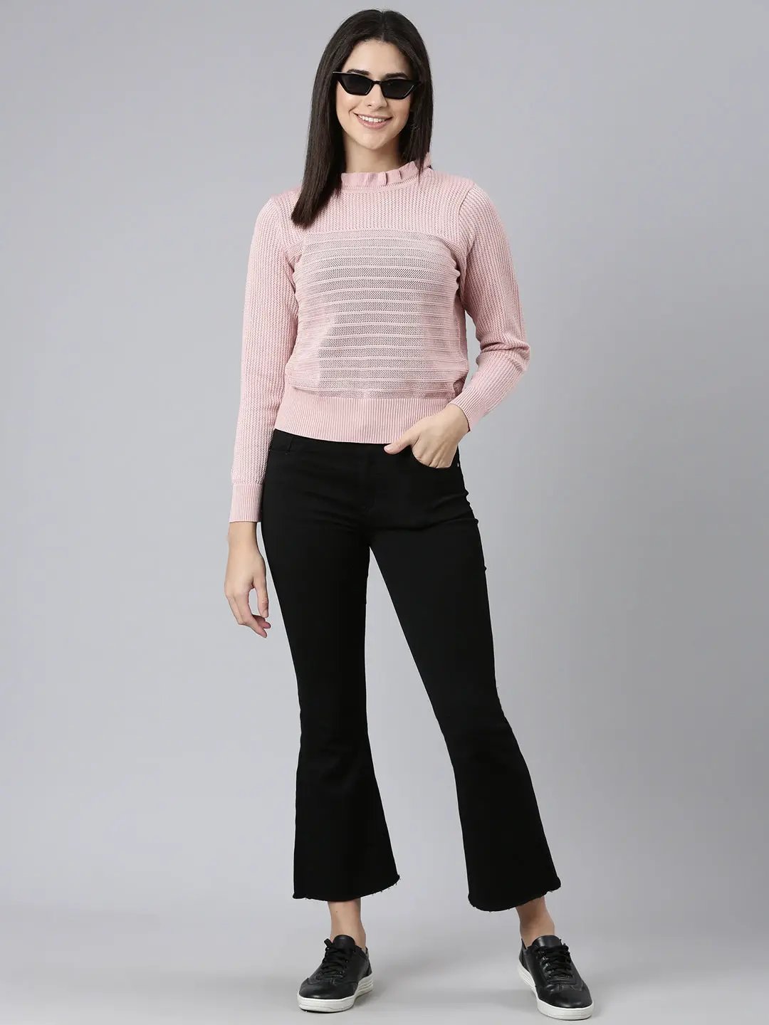 Women's High Neck Self Design Regular Pink Top