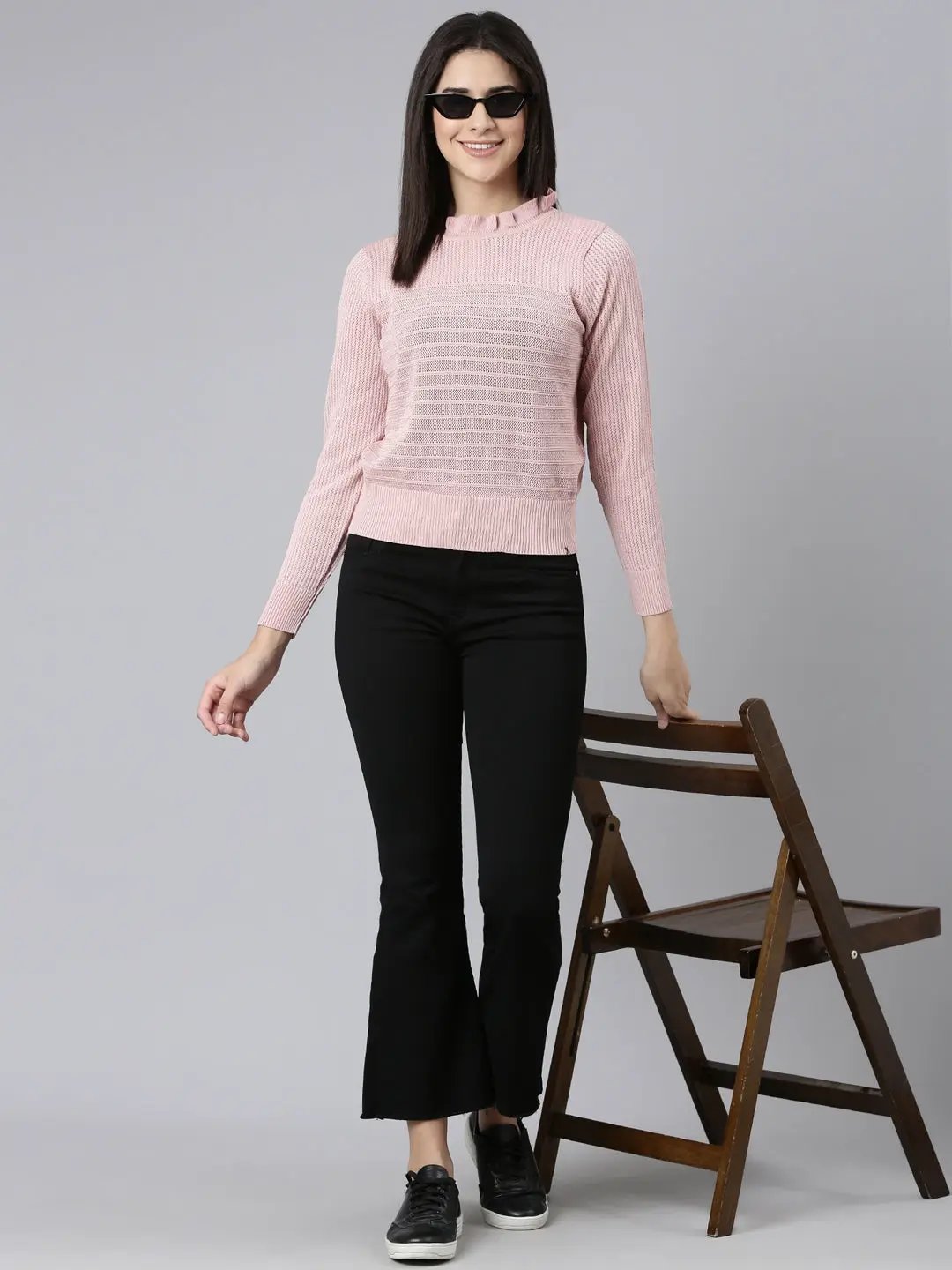 Women's High Neck Self Design Regular Pink Top