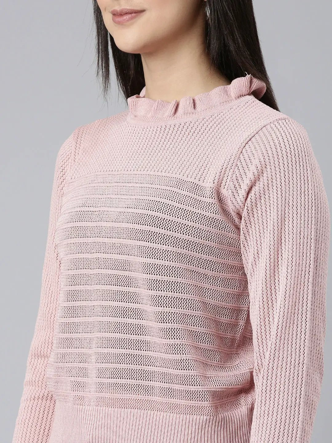 Women's High Neck Self Design Regular Pink Top