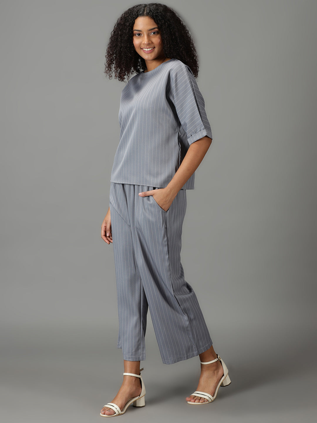Women's Grey Round Neck Striped Co-Ords Set