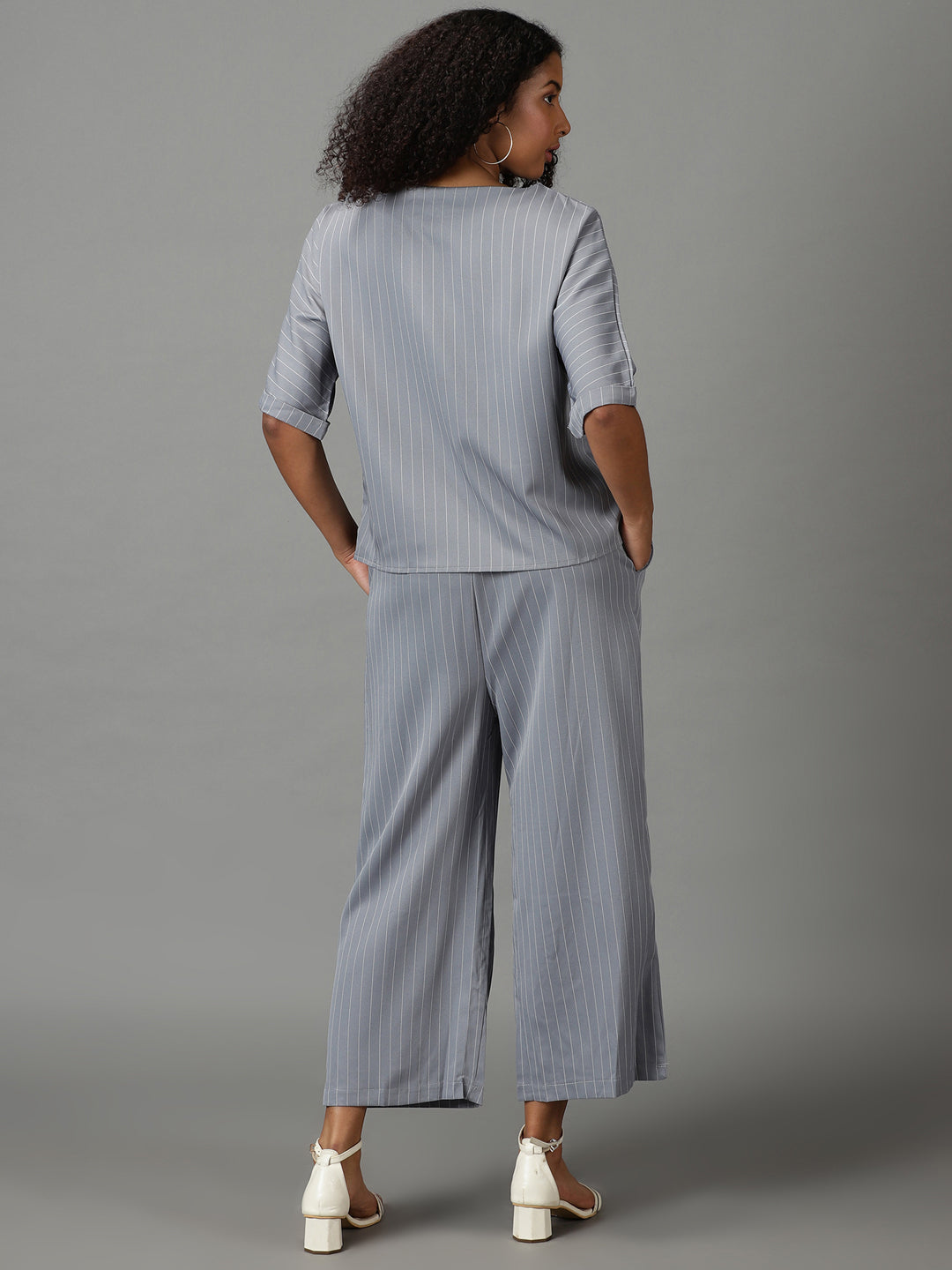 Women's Grey Round Neck Striped Co-Ords Set