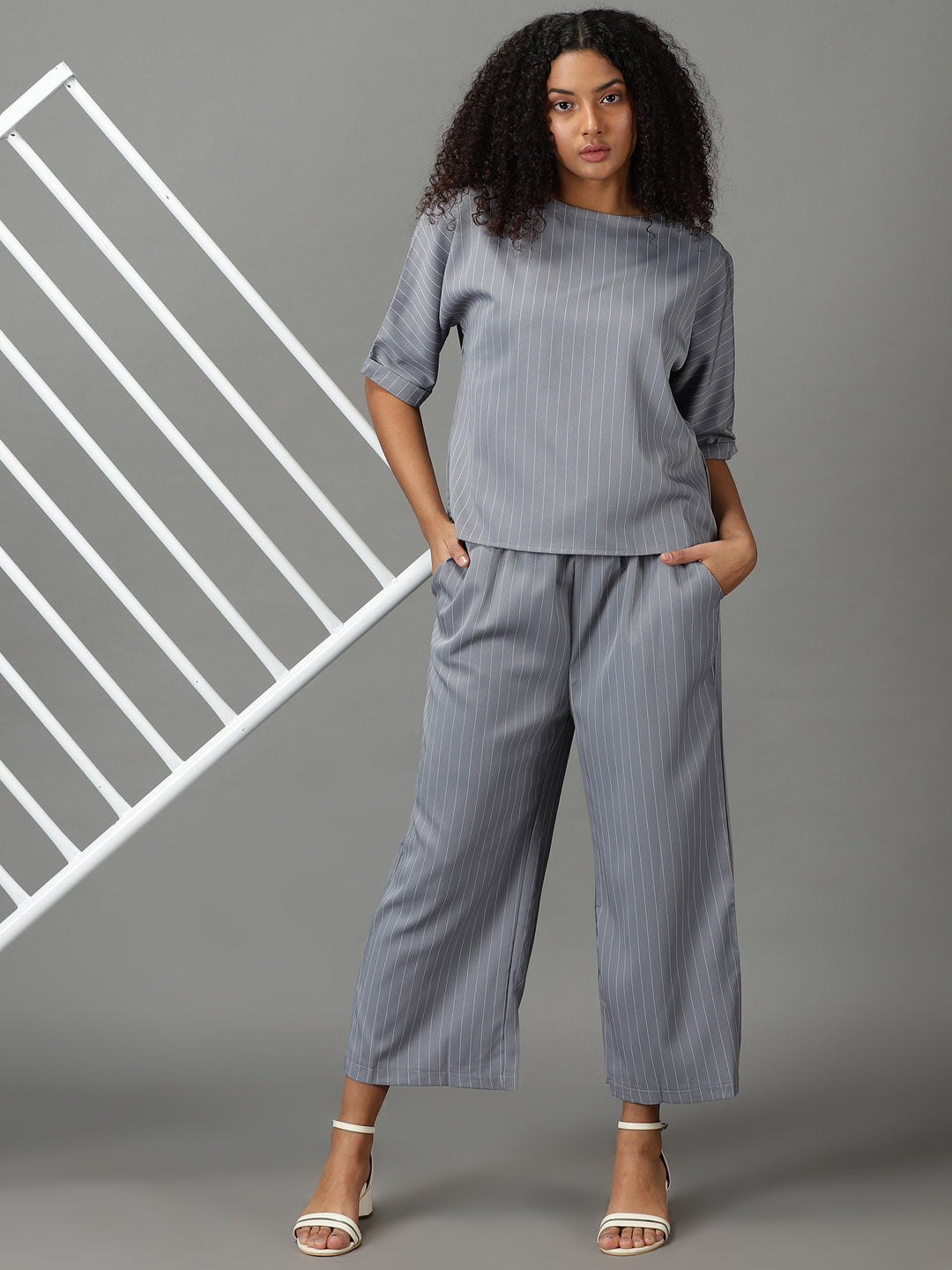 Women's Grey Round Neck Striped Co-Ords Set
