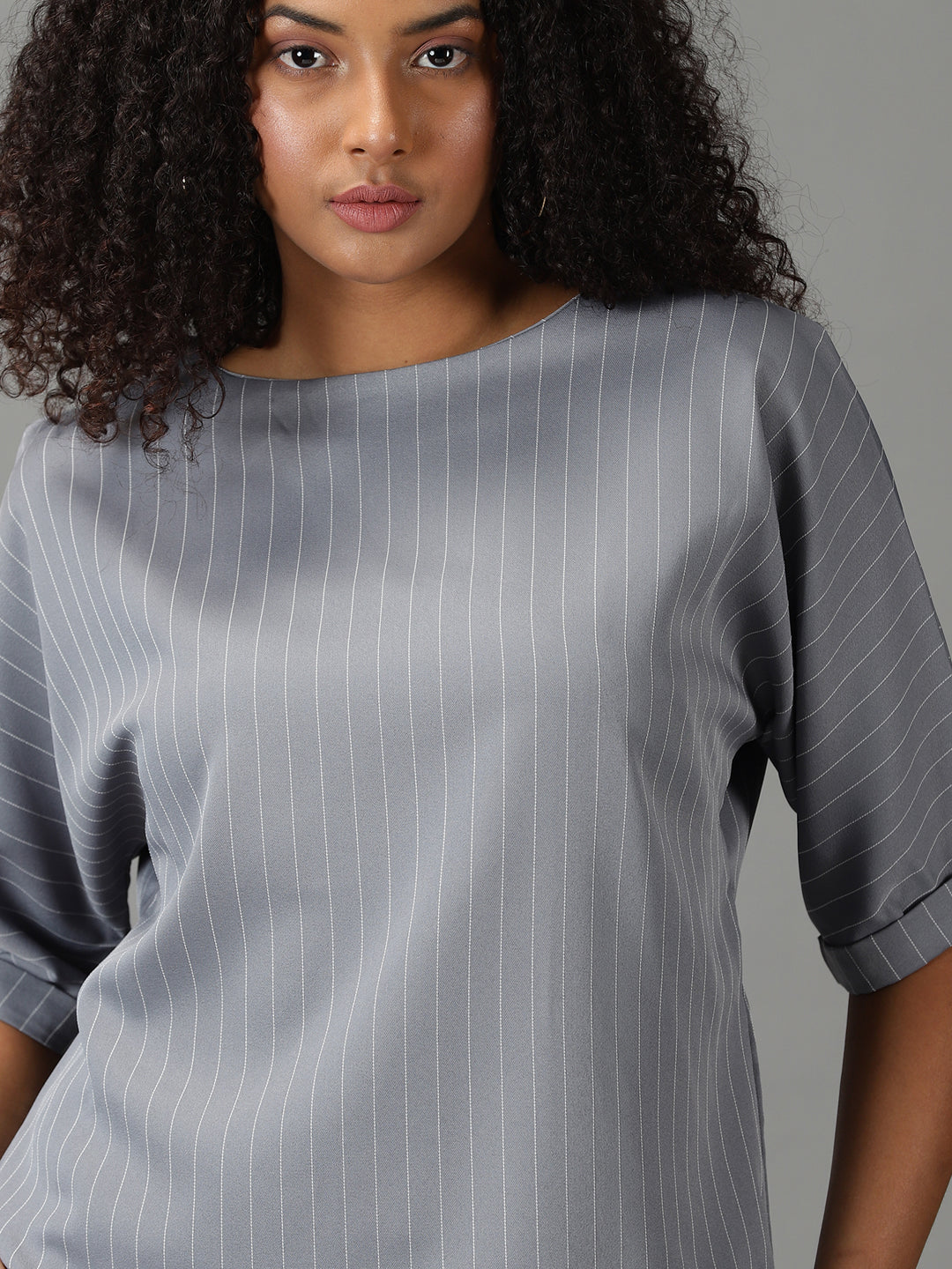 Women's Grey Round Neck Striped Co-Ords Set