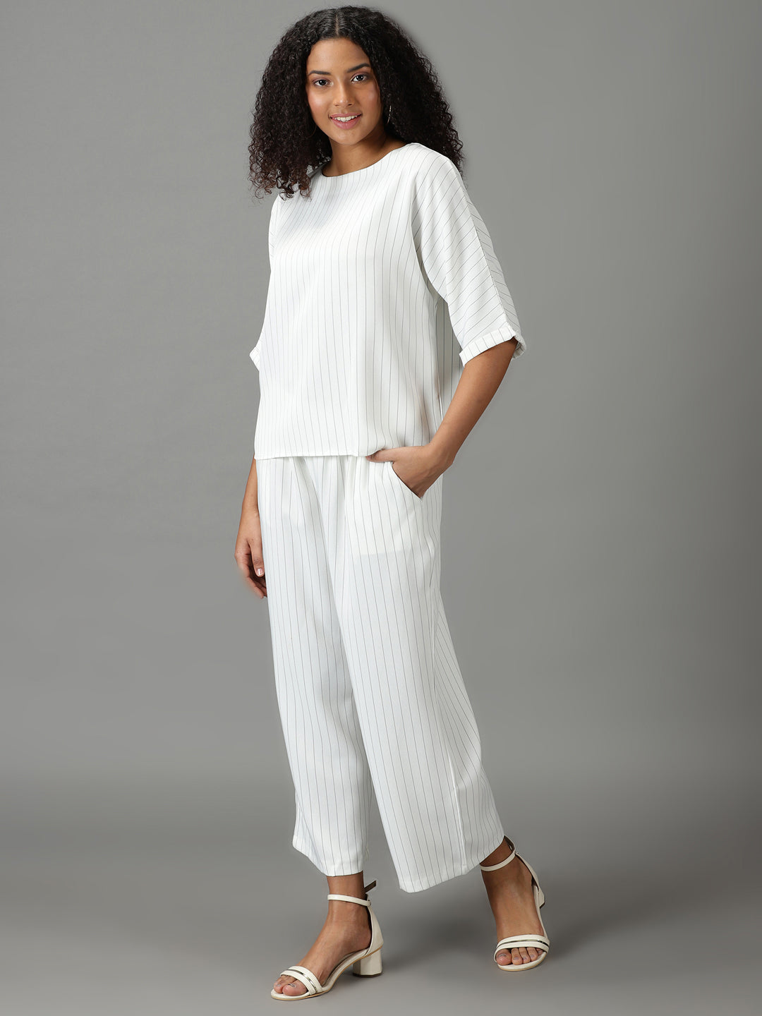 Women's White Round Neck Striped Co-Ords Set