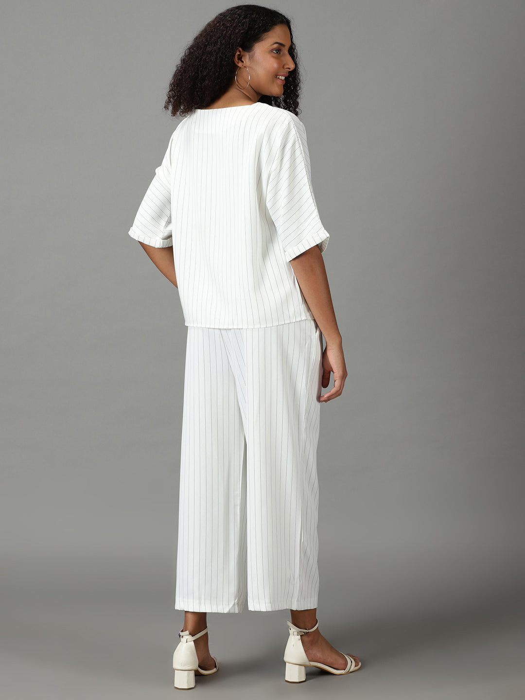 Women's White Round Neck Striped Co-Ords Set