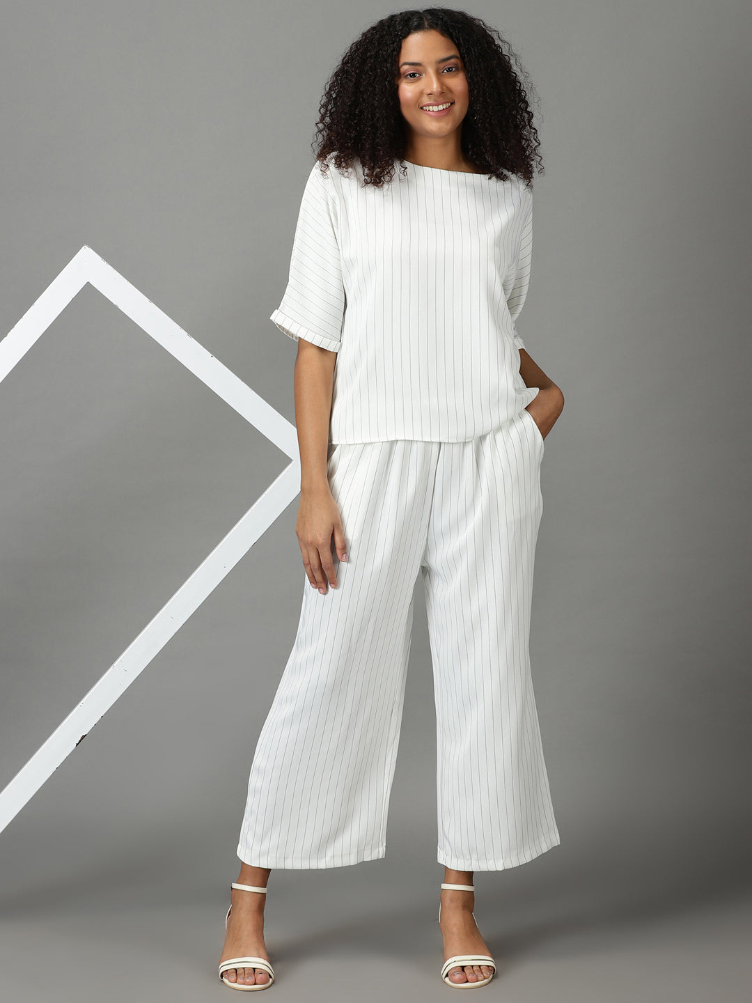 Women's White Round Neck Striped Co-Ords Set