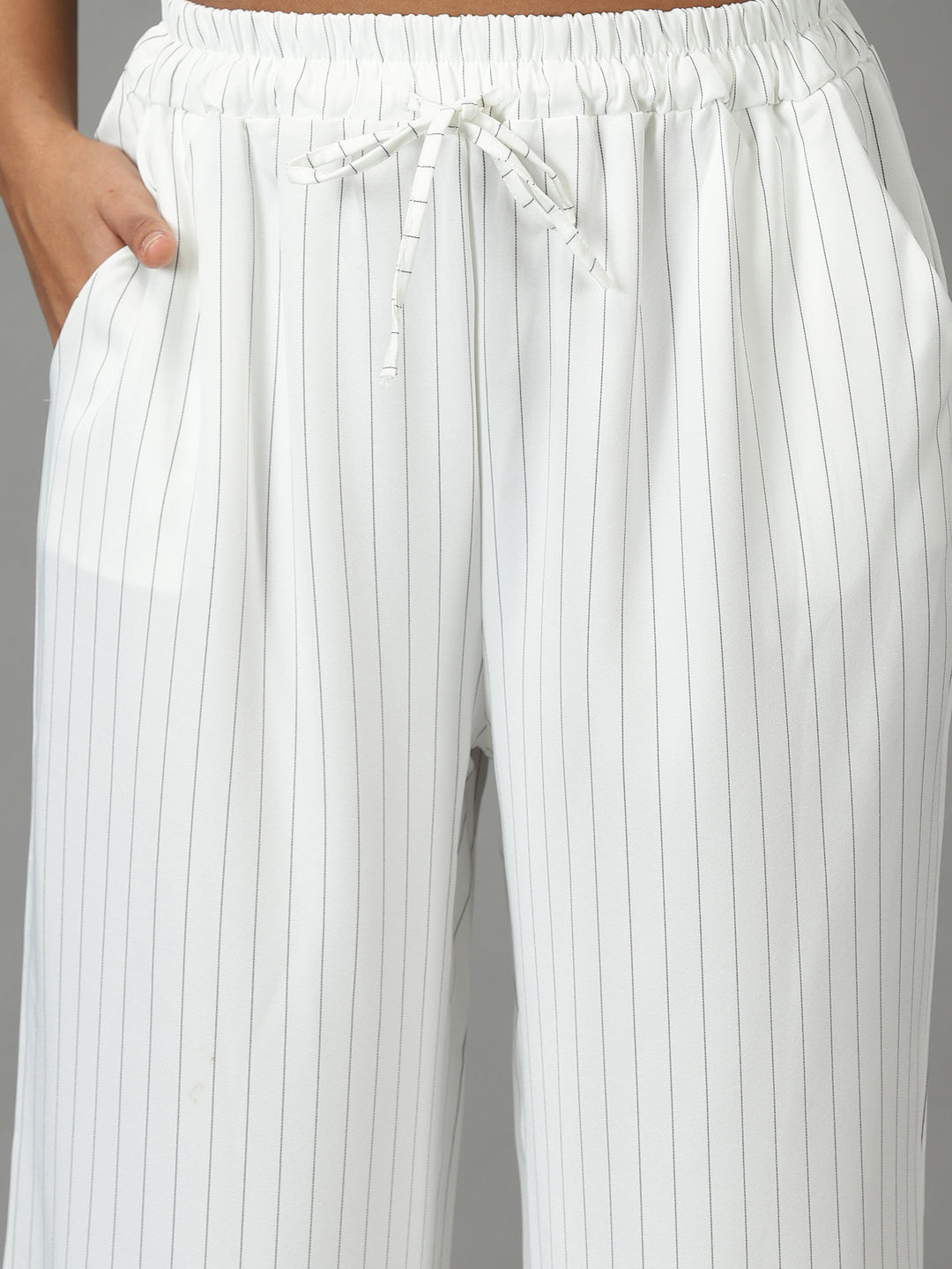 Women's White Round Neck Striped Co-Ords Set