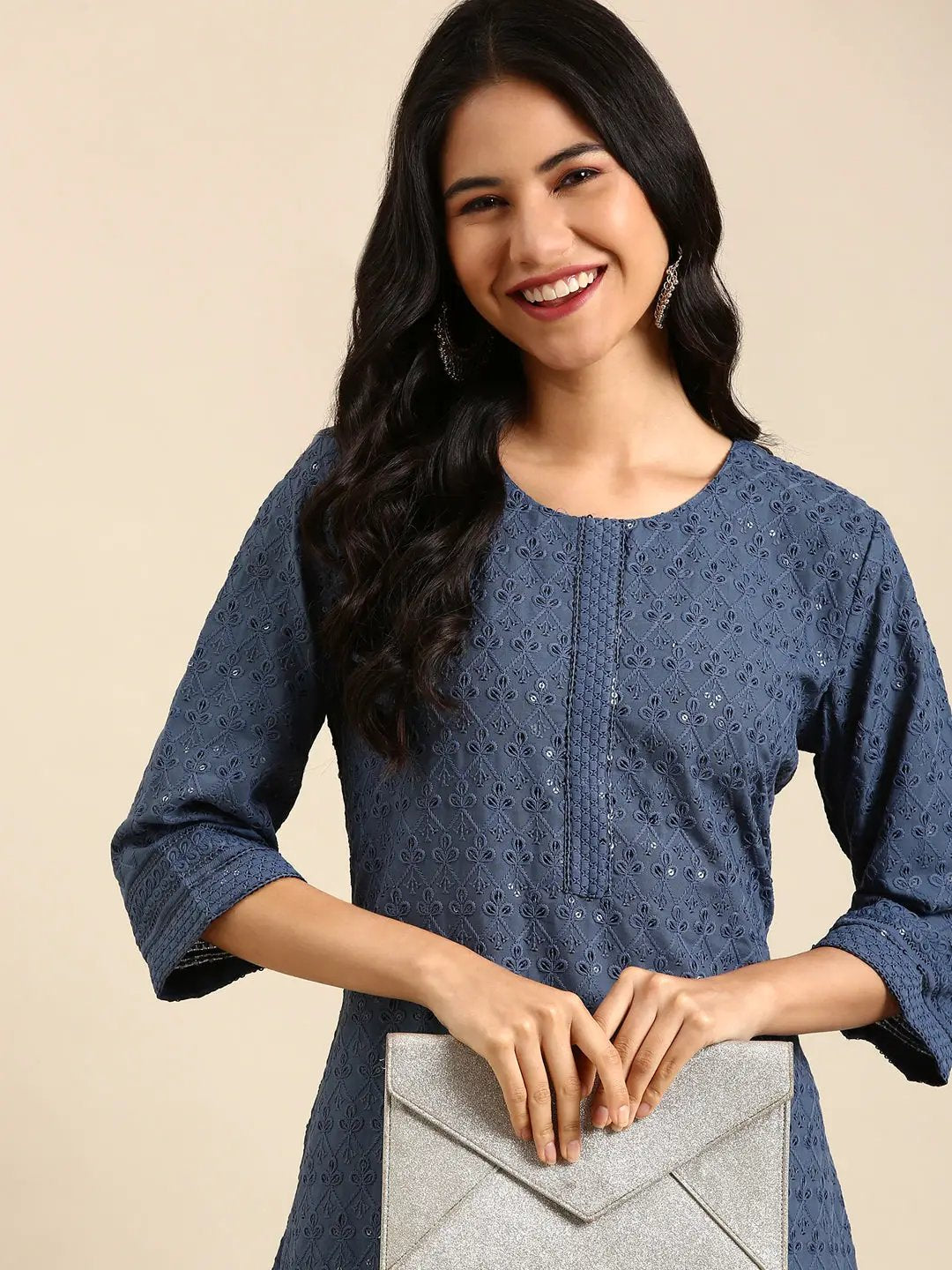 Women's Blue Embroidered Straight Kurta