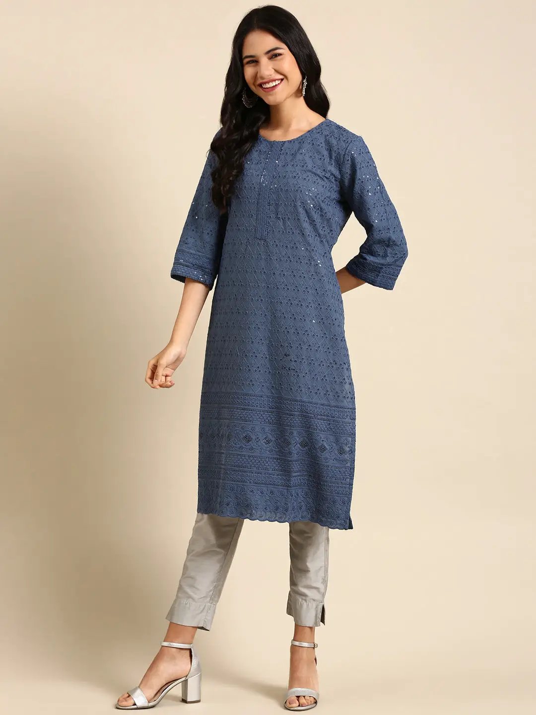 Women's Blue Embroidered Straight Kurta