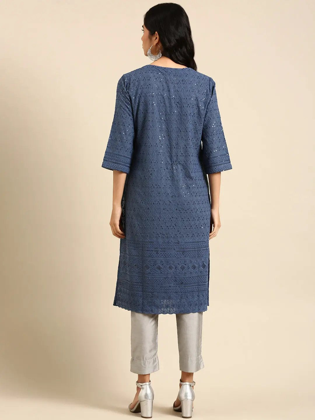 Women's Blue Embroidered Straight Kurta