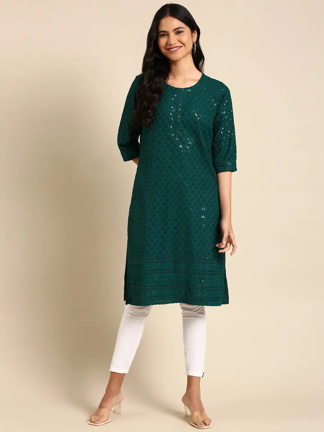 Women's Green Embroidered Straight Kurta
