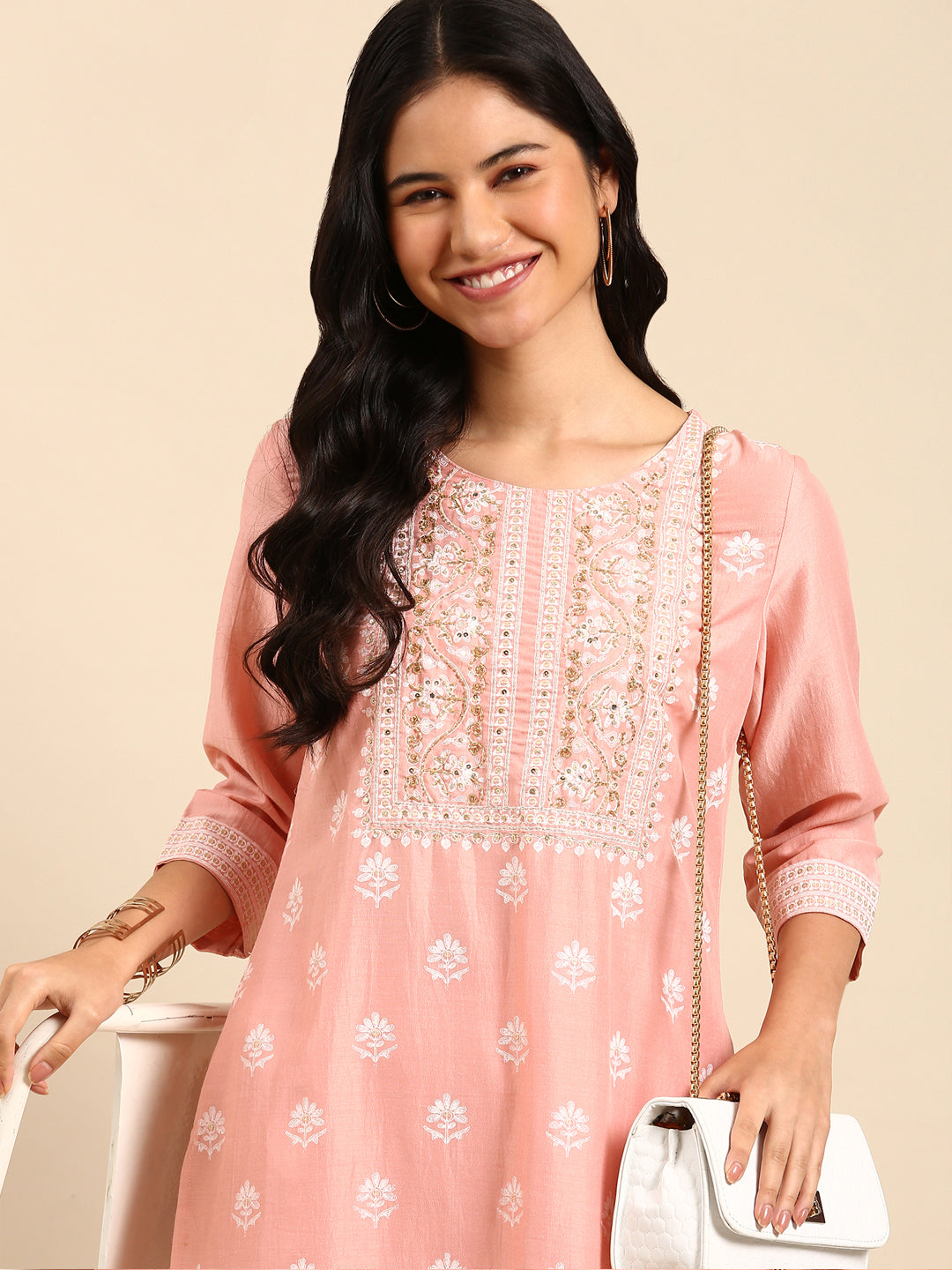 Women's Peach Printed Kurta Set