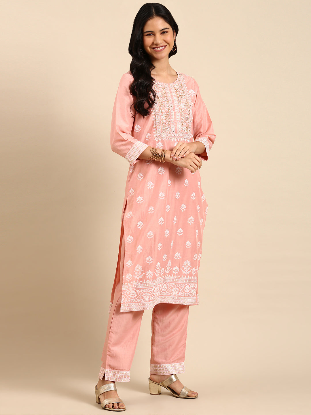 Women's Peach Printed Kurta Set